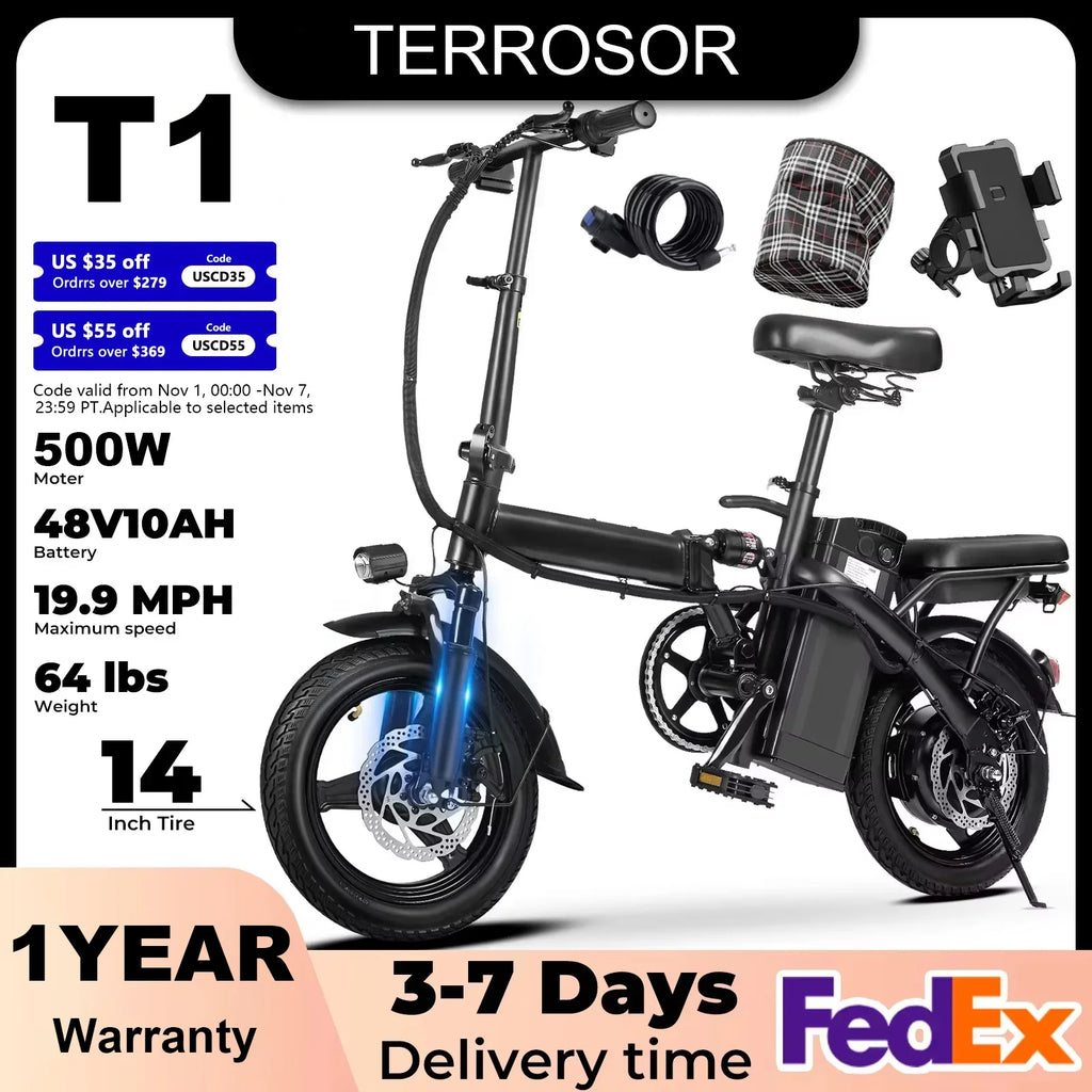14-Inch Folding Electric Bike – 500W, Dual Disc Brakes