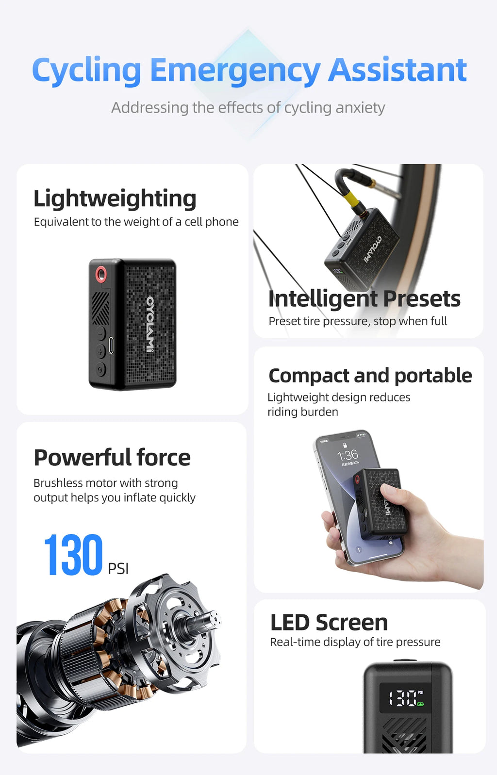 CYCLAMI AM6 Portable Pocket Electric Bike Pump – 130 PSI | Preset Pressure | MTB & Road Bike