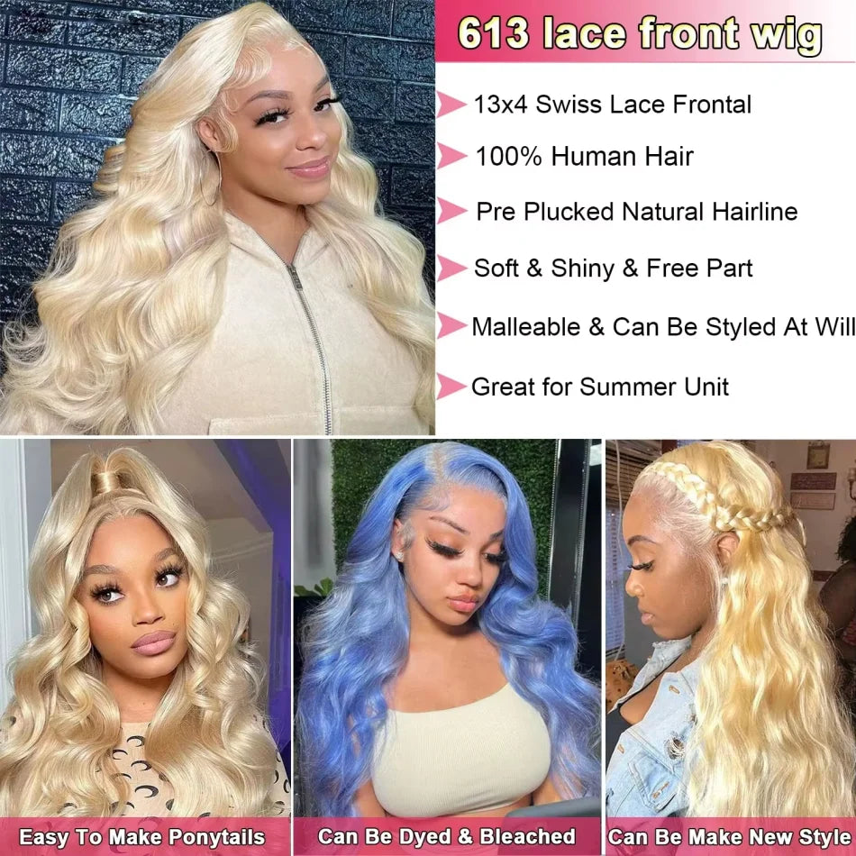613 Blonde Body Wave Human Hair Lace Front Wig – 13x4 & 13x6 HD Lace | 180% & 220% Density | 18–38 Inches