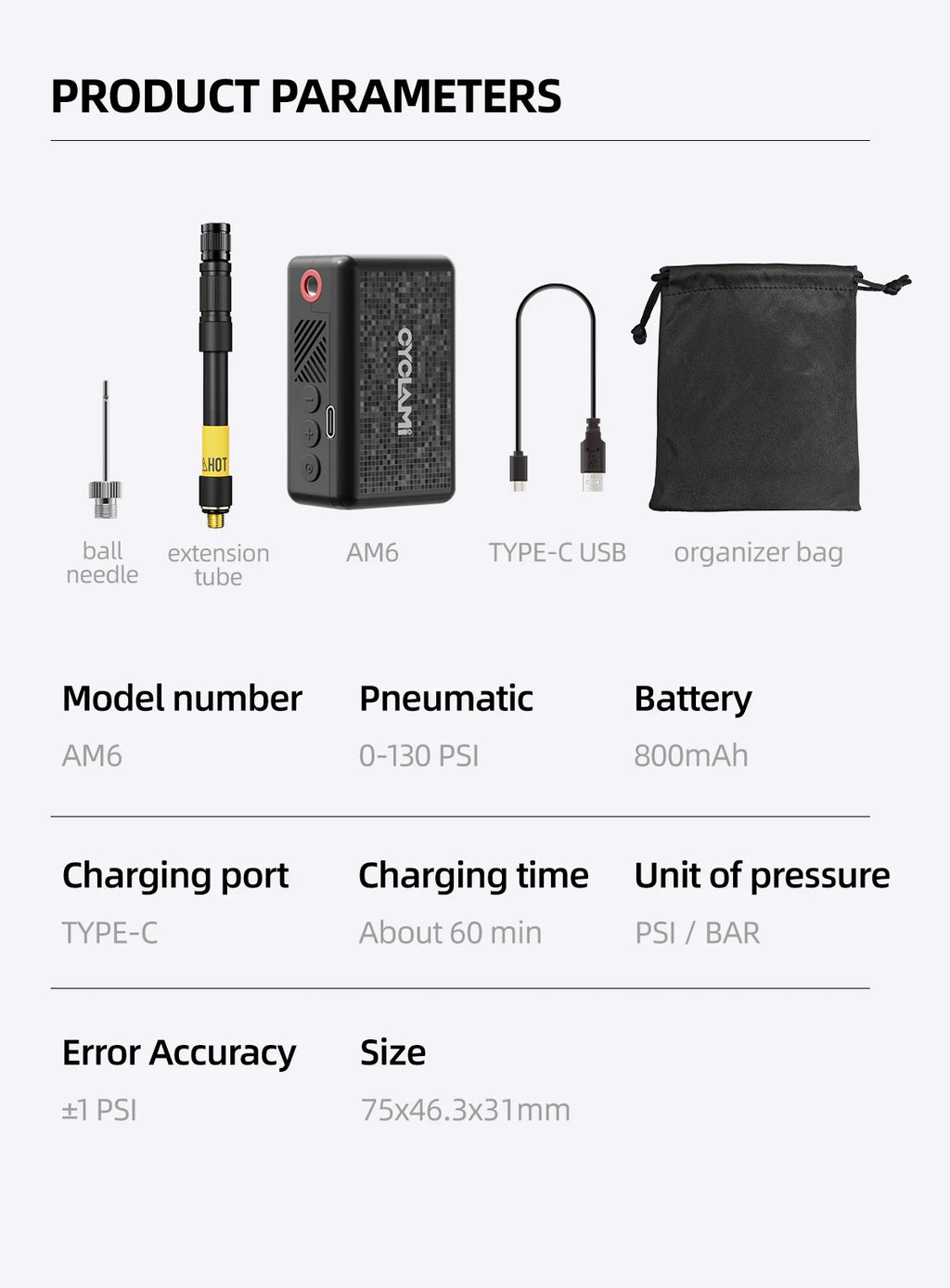 CYCLAMI AM6 Portable Pocket Electric Bike Pump – 130 PSI | Preset Pressure | MTB & Road Bike