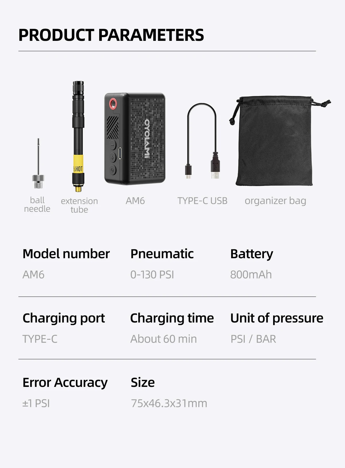 CYCLAMI AM6 Portable Pocket Electric Bike Pump – 130 PSI | Preset Pressure | MTB & Road Bike