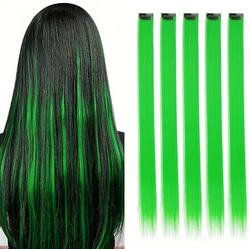 EZ&AS Synthetic Clip-In Hair Extensions | 5pcs/Set | 20 Inches Straight | Green, Red, Burgundy, Purple & White | Cosplay & Party