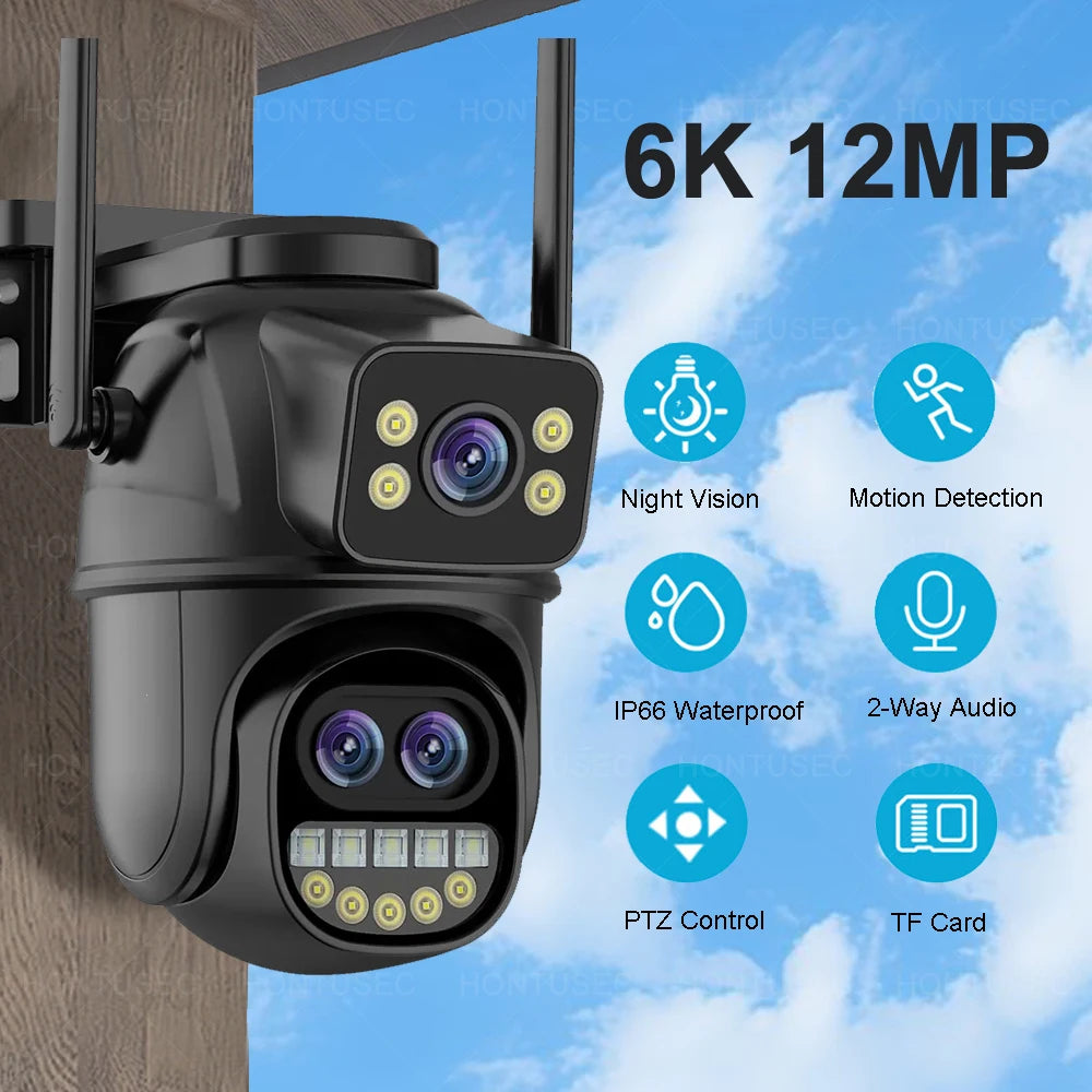 HONTUSEC 3-Lens PTZ WiFi Security Camera | 12MP | 8x Zoom | AI Auto-Tracking | Color Night Vision | IP66 | iCSee