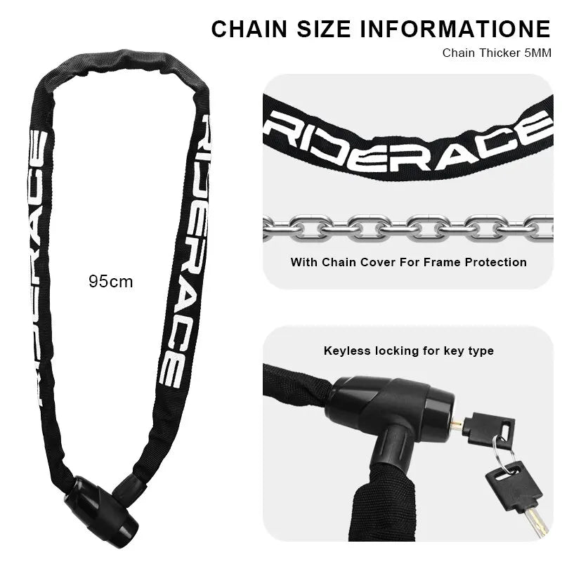 RIDERACE Bicycle Chain Lock – Anti-Theft | 95cm | Zinc Alloy | 2 Keys | Orange & Black