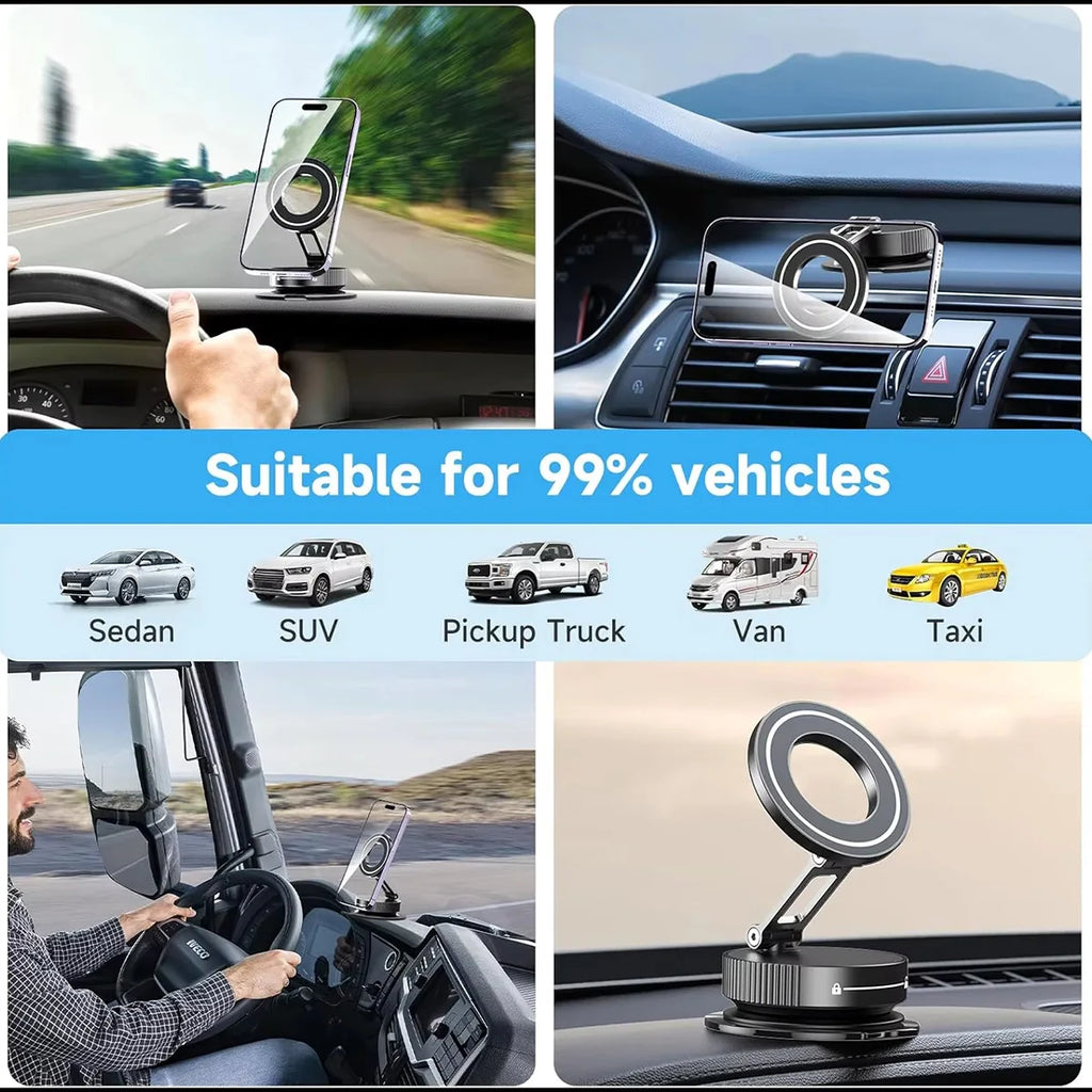 Strong Magnetic Foldable Car Phone Mount – 360° Rotation | Windshield & Multi-Surface | Universal Fit | Black, Silver & White