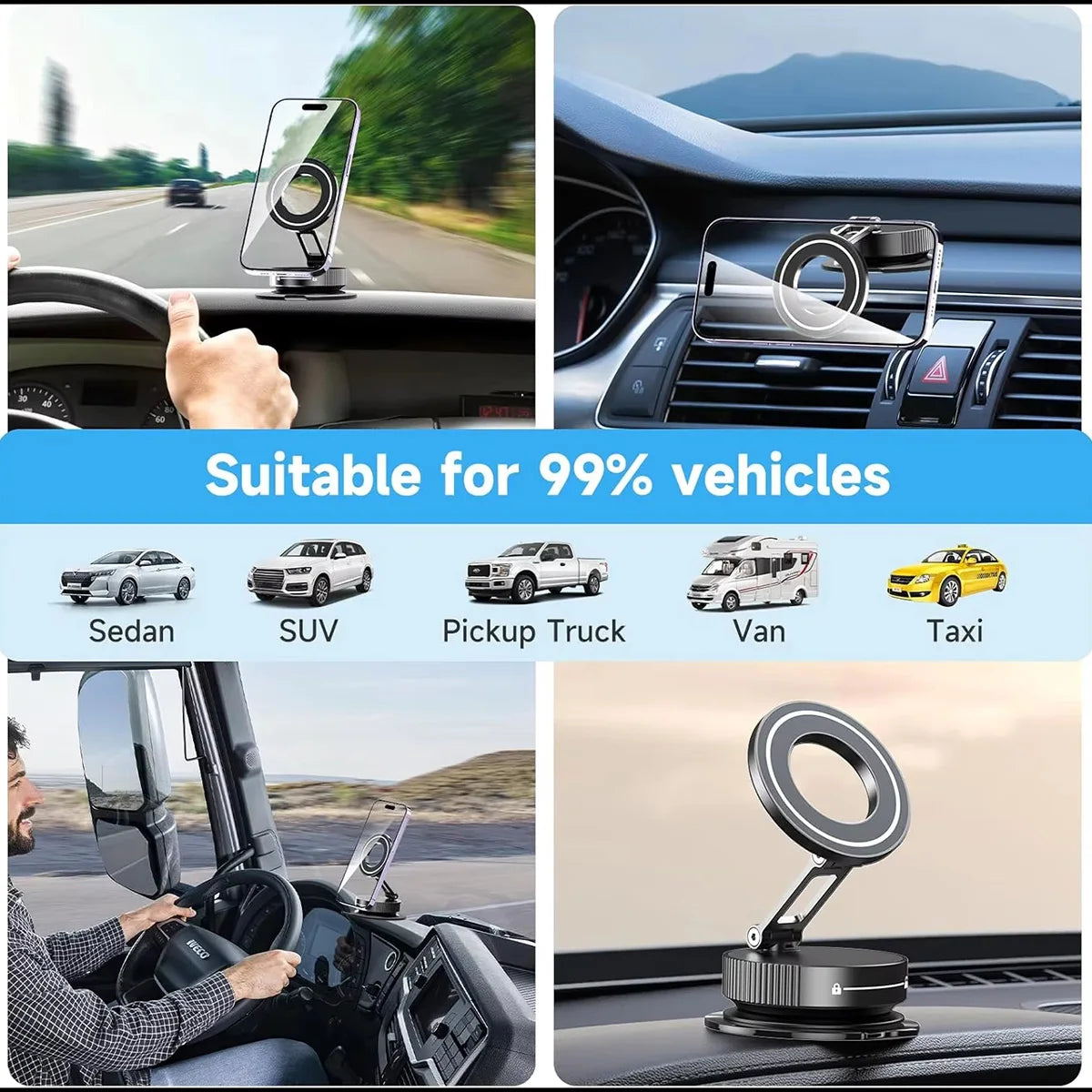 Strong Magnetic Foldable Car Phone Mount – 360° Rotation | Windshield & Multi-Surface | Universal Fit | Black, Silver & White