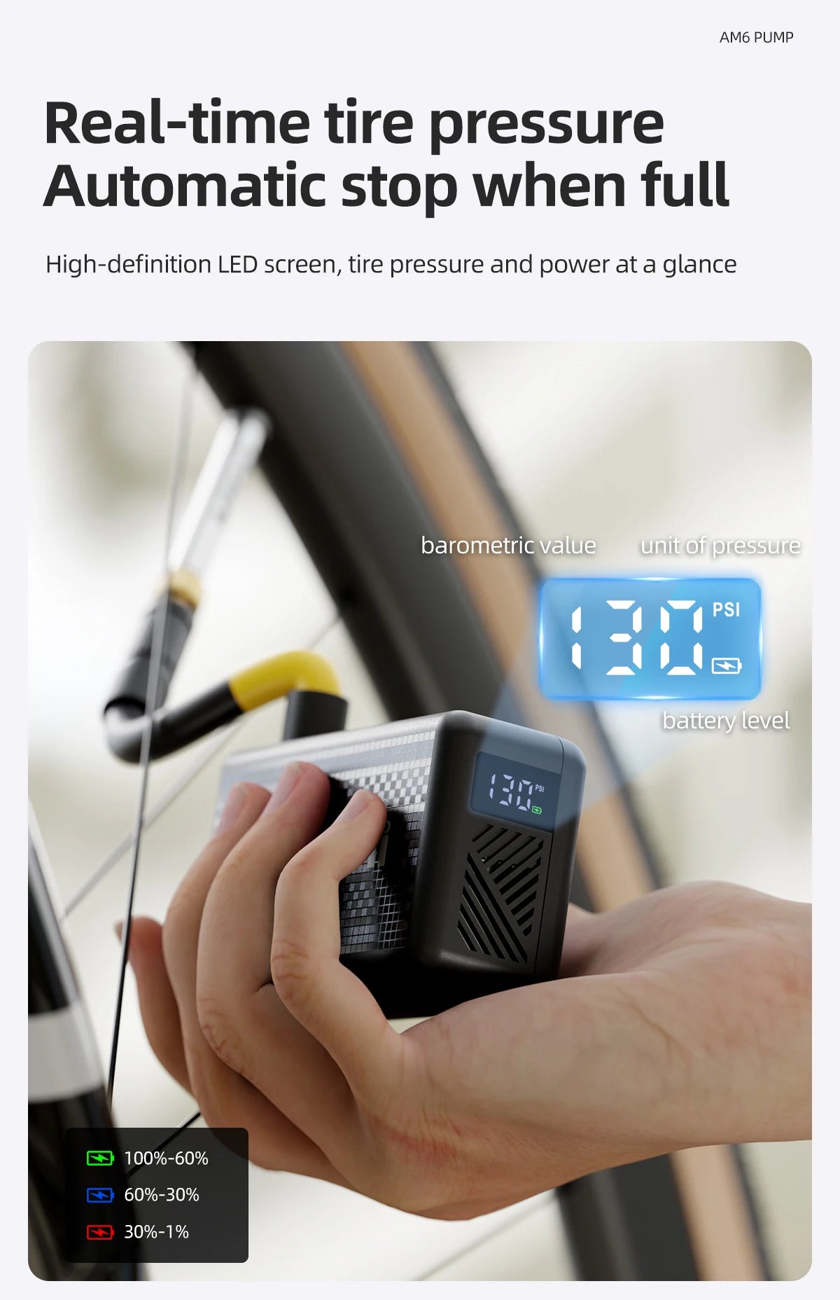 CYCLAMI AM6 Portable Pocket Electric Bike Pump – 130 PSI | Preset Pressure | MTB & Road Bike
