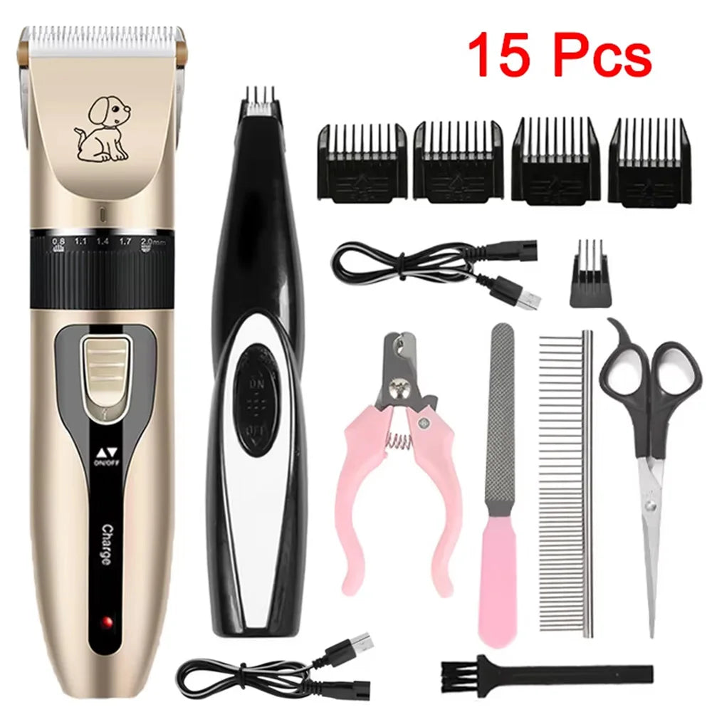 Professional Pet Grooming Clipper Kit – Rechargeable | Quiet | Titanium Ceramic Blade | 4–15 Piece Sets