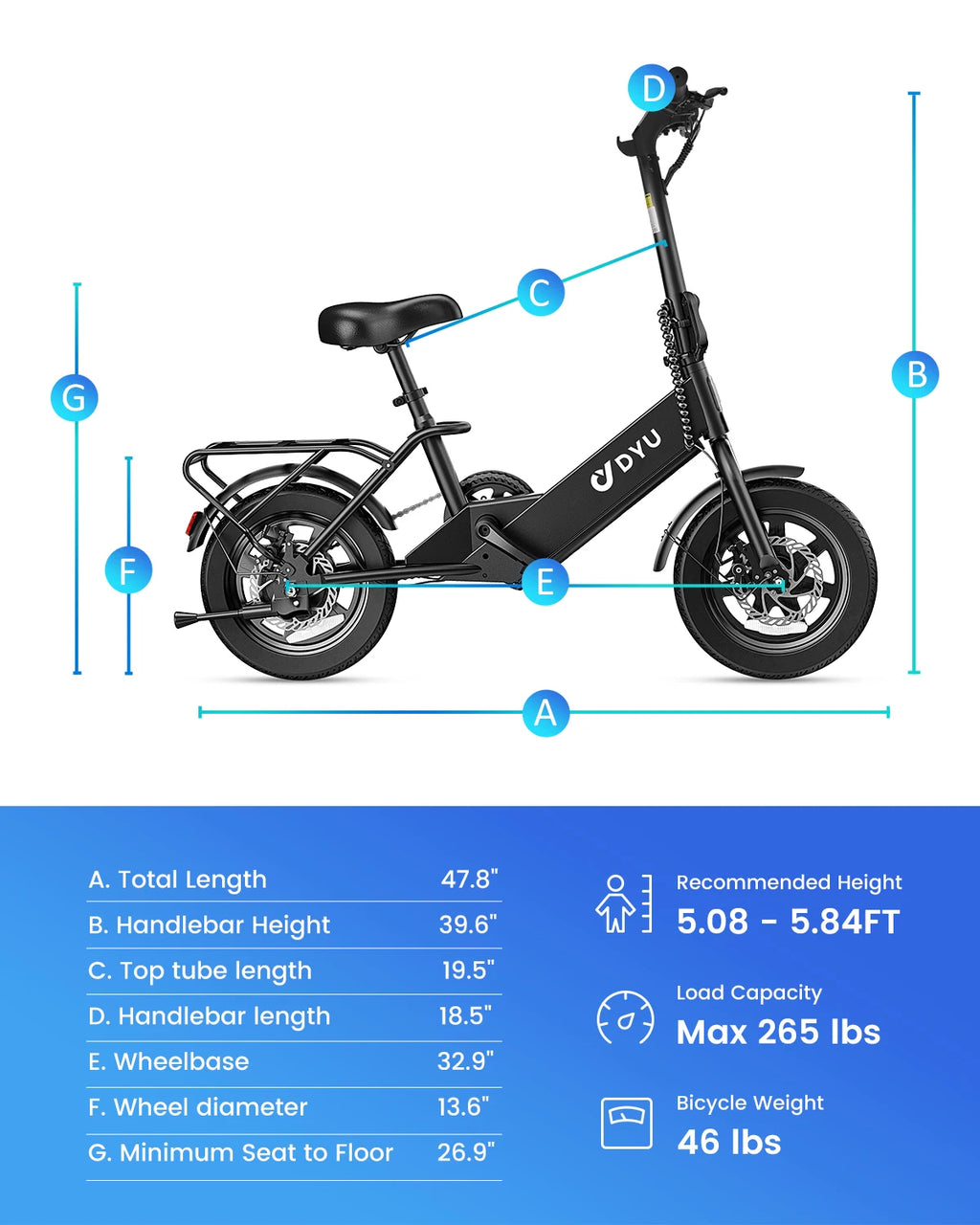 DYU C3 14-Inch Electric Bike – 500W Peak Motor, 36V 7.8Ah Battery