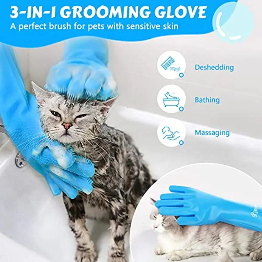 2-in-1 Silicone Pet Bathing & Grooming Glove – 3,000 Brush Heads | Deep Clean & Massage | Cats, Dogs & Rabbits | Pink & Blue