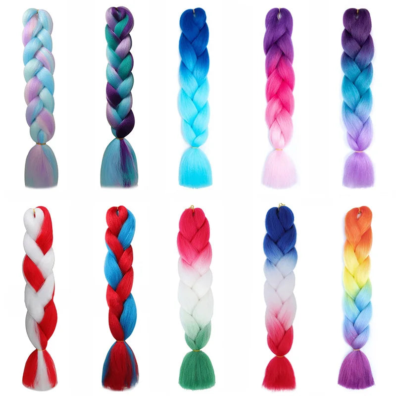 24" Synthetic Braiding Hair Extensions – Ombre Rainbow Colors, Jumbo DIY Hair for Women