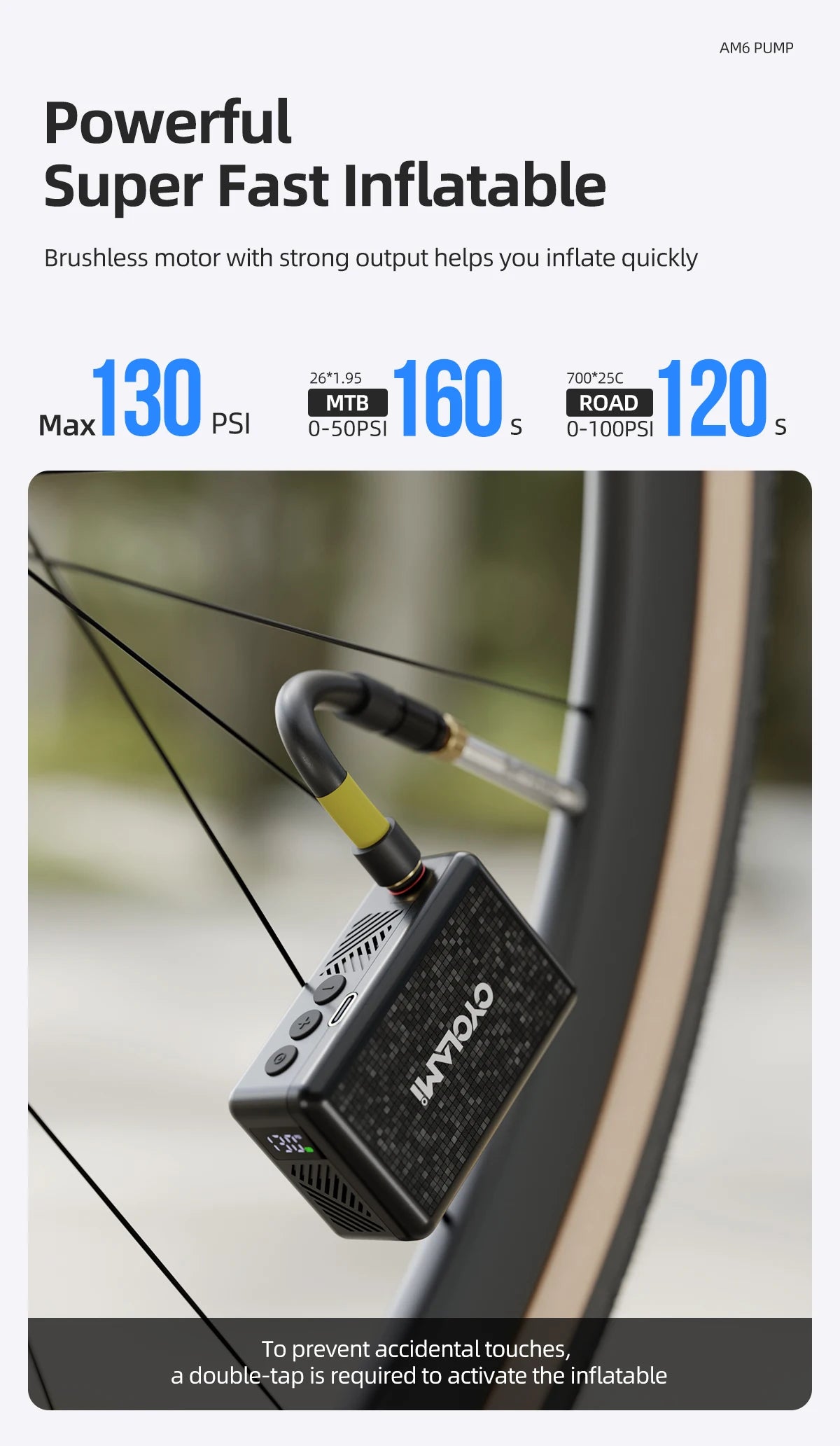 CYCLAMI AM6 Portable Pocket Electric Bike Pump – 130 PSI | Preset Pressure | MTB & Road Bike