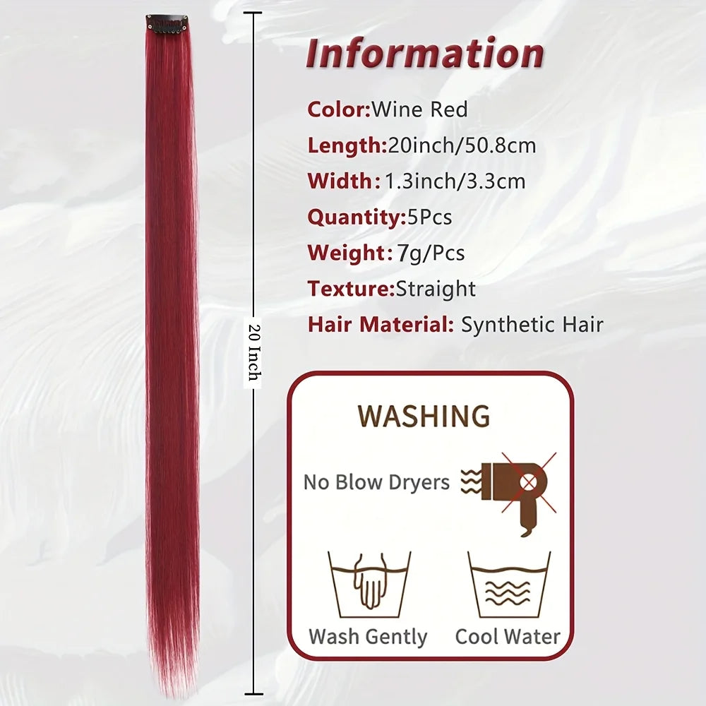 EZ&AS Synthetic Clip-In Hair Extensions | 5pcs/Set | 20 Inches Straight | Green, Red, Burgundy, Purple & White | Cosplay & Party