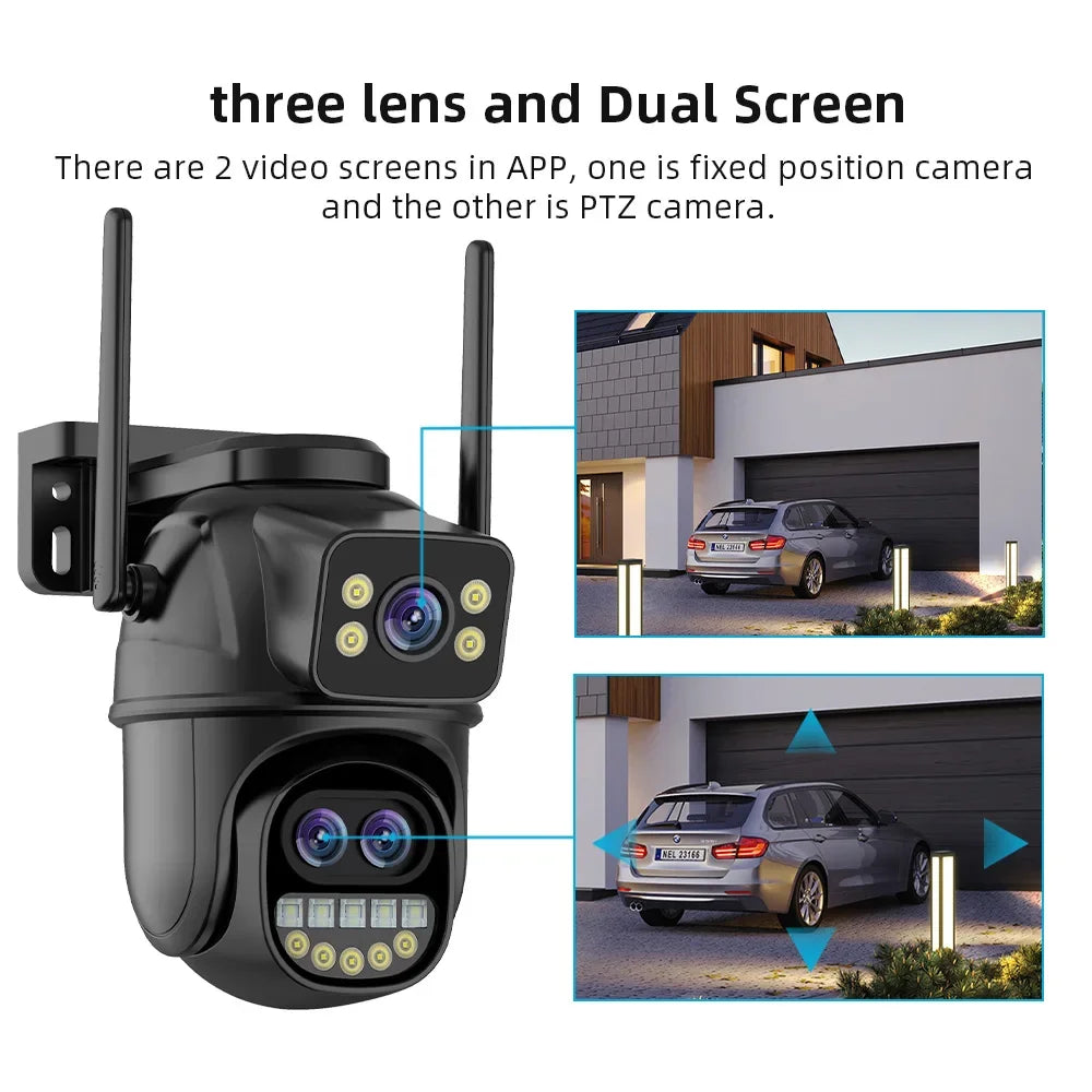 HONTUSEC 3-Lens PTZ WiFi Security Camera | 12MP | 8x Zoom | AI Auto-Tracking | Color Night Vision | IP66 | iCSee