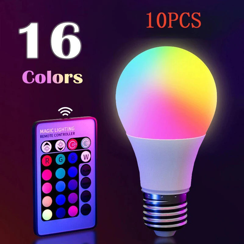 16-Color RGB LED Smart Bulb – E27, 8W Dimmable, 24-Key Remote Control | 1-10 Pack