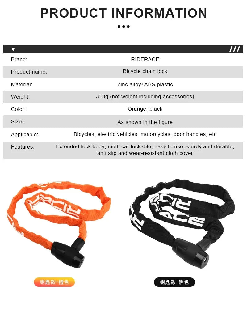 RIDERACE Bicycle Chain Lock – Anti-Theft | 95cm | Zinc Alloy | 2 Keys | Orange & Black