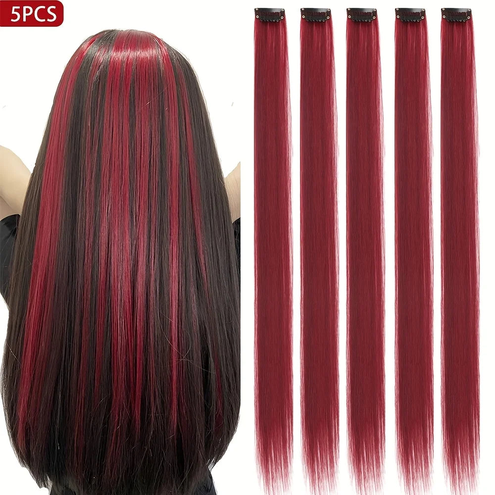 EZ&AS Synthetic Clip-In Hair Extensions | 5pcs/Set | 20 Inches Straight | Green, Red, Burgundy, Purple & White | Cosplay & Party