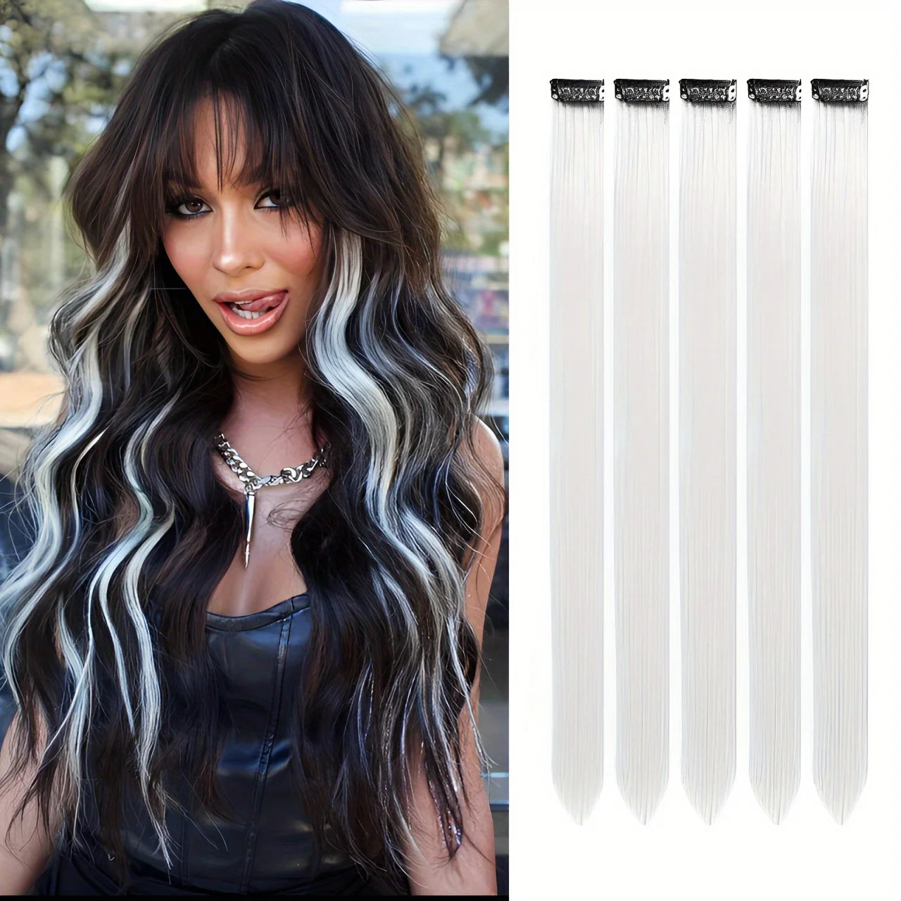 EZ&AS Synthetic Clip-In Hair Extensions | 5pcs/Set | 20 Inches Straight | Green, Red, Burgundy, Purple & White | Cosplay & Party