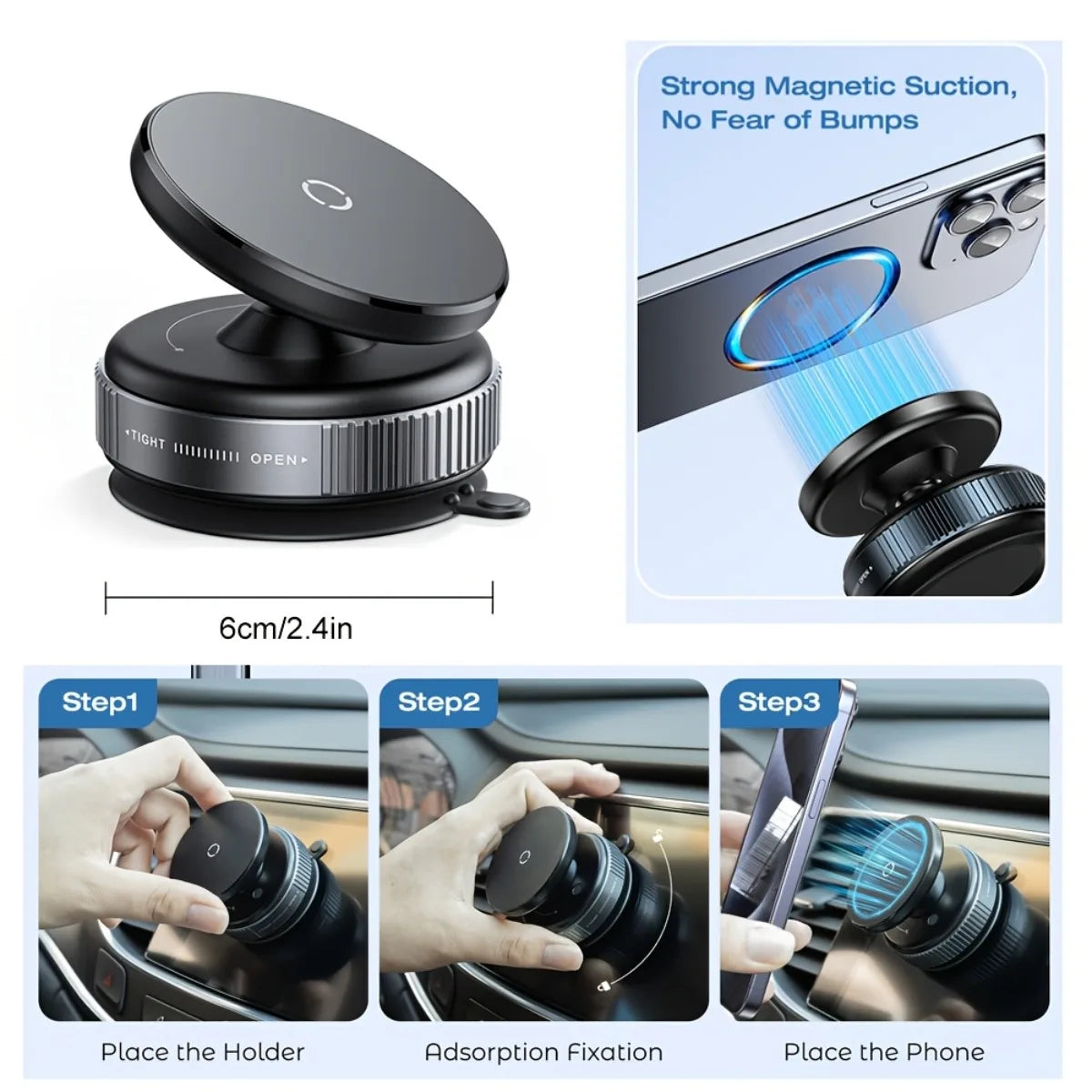 Vacuum Magnetic Car Phone Mount – 360° Rotation | Dual-Axis | Multi-Surface | Universal Smartphone Fit | Beige & Gray
