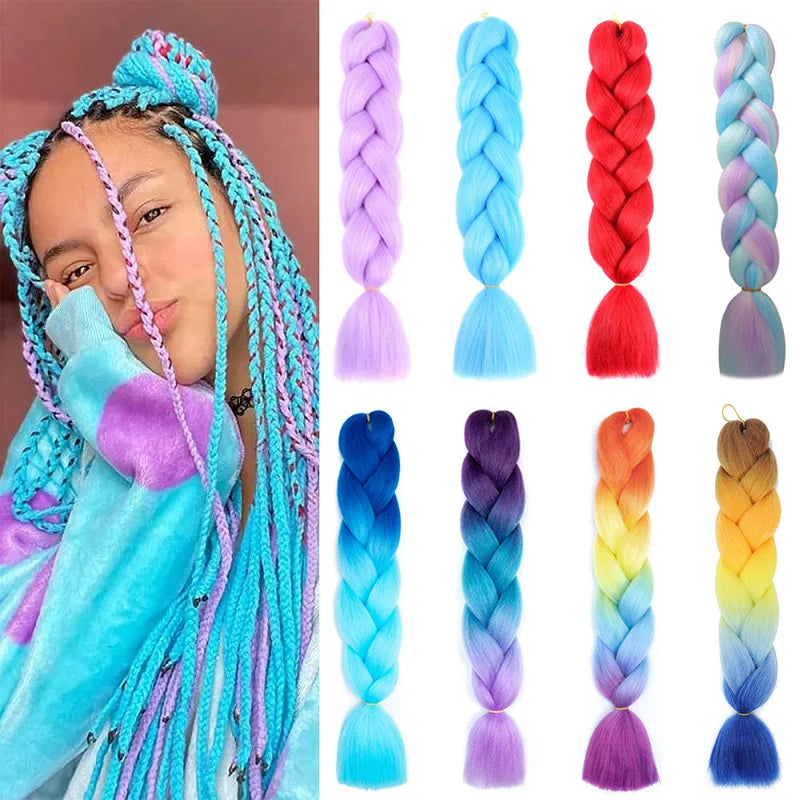 24" Synthetic Braiding Hair Extensions – Ombre Rainbow Colors, Jumbo DIY Hair for Women