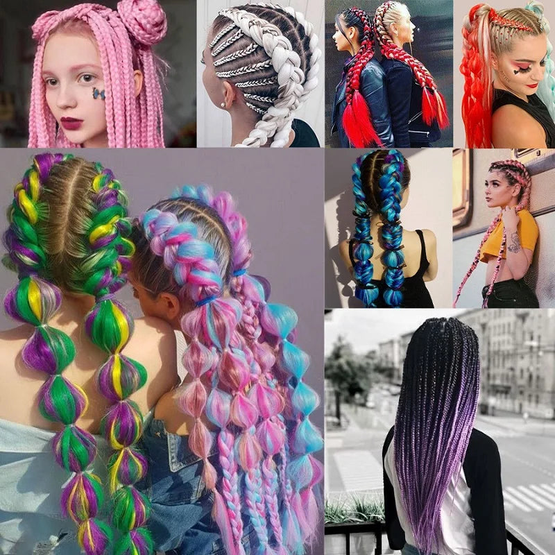 24" Synthetic Braiding Hair Extensions – Ombre Rainbow Colors, Jumbo DIY Hair for Women