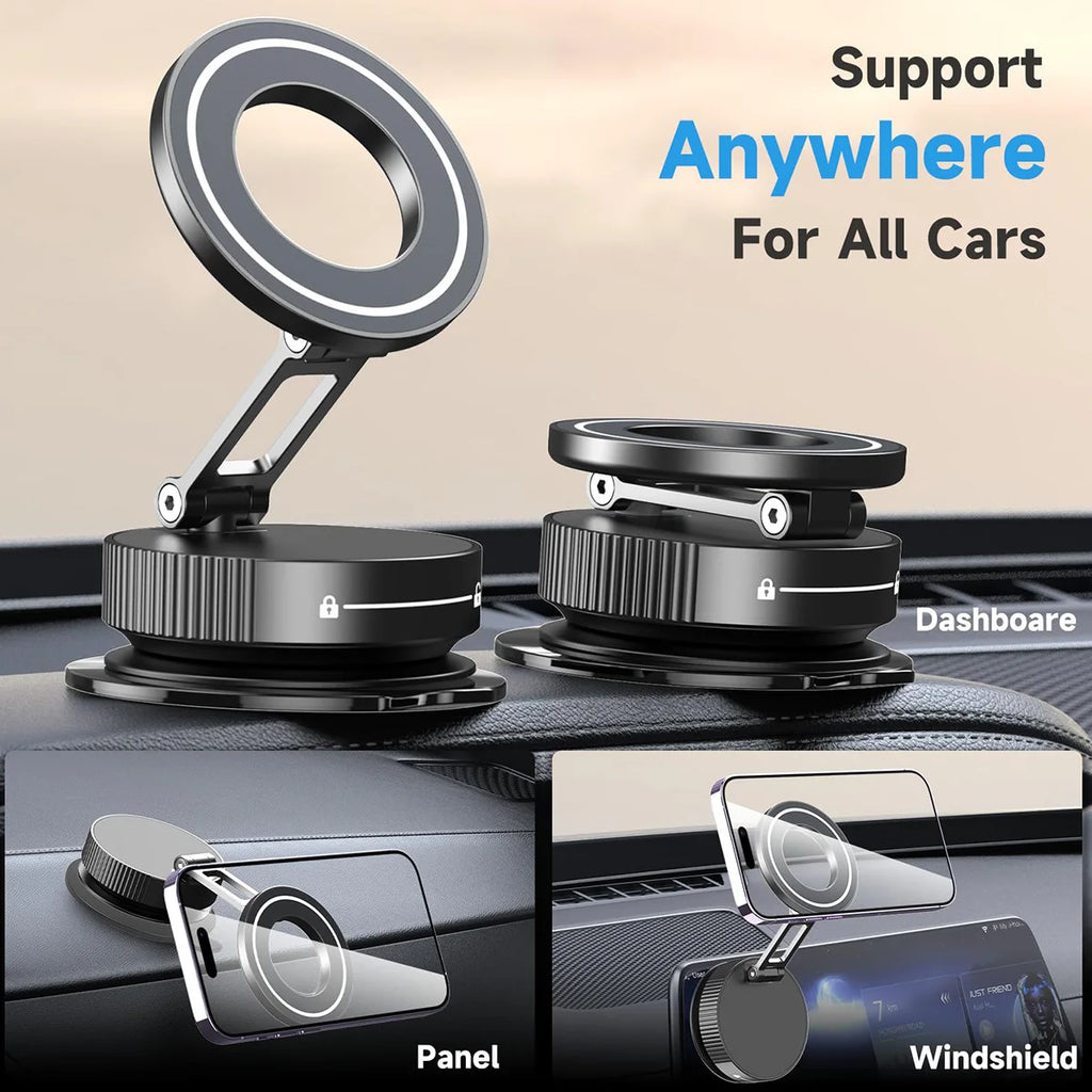 Strong Magnetic Foldable Car Phone Mount – 360° Rotation | Windshield & Multi-Surface | Universal Fit | Black, Silver & White