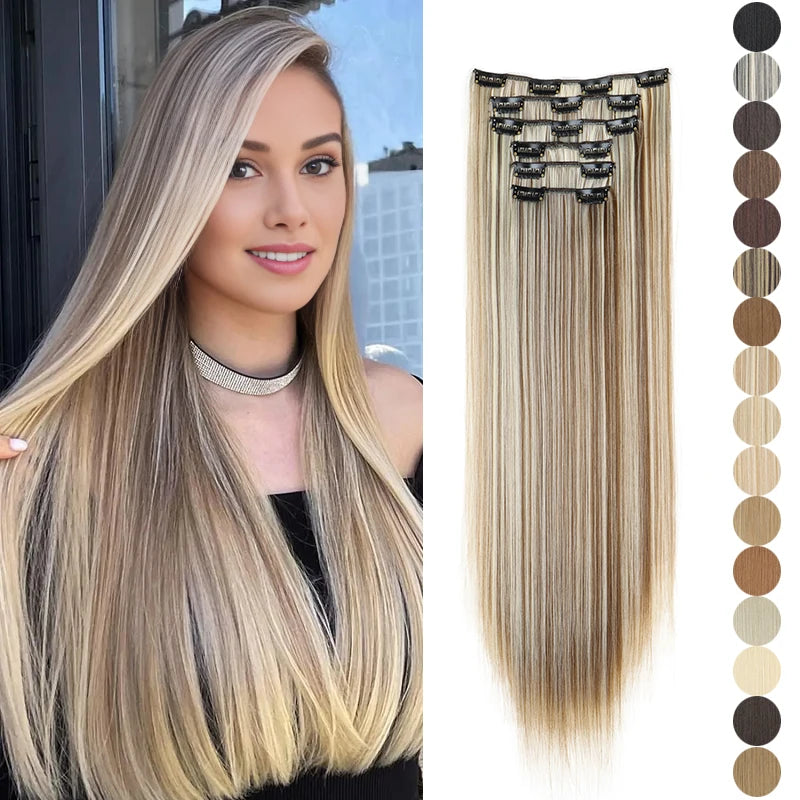WIGSIN 24-Inch Synthetic Clip-In Hair Extensions – Long Straight | 6 Pcs 16 Clips | 20+ Colors | Heat Resistant