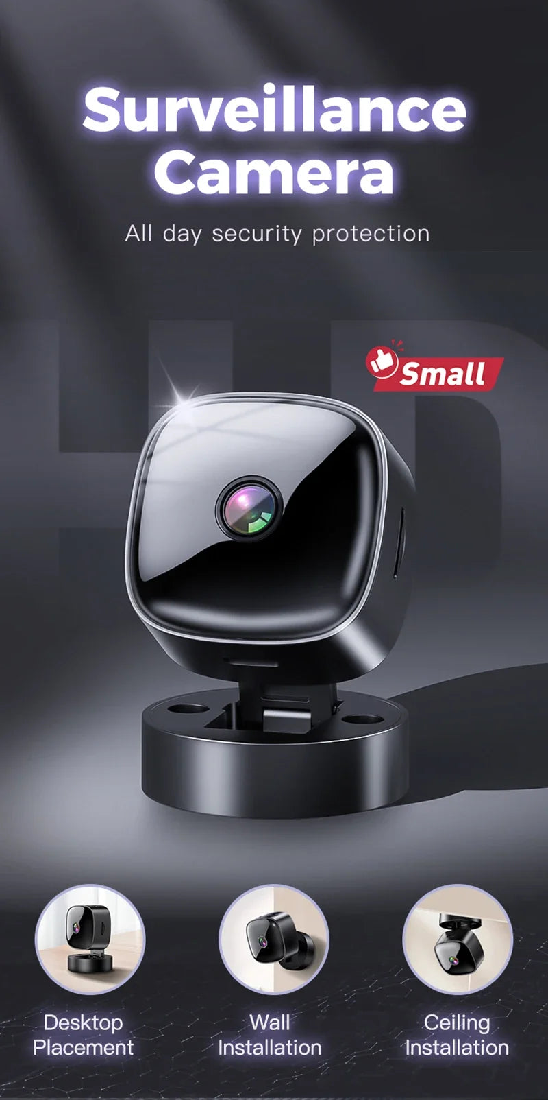S1 Mini 1080P WiFi Security Camera | 360° Rotatable | Night Vision | Motion Detection | Battery & Plug-in | Black