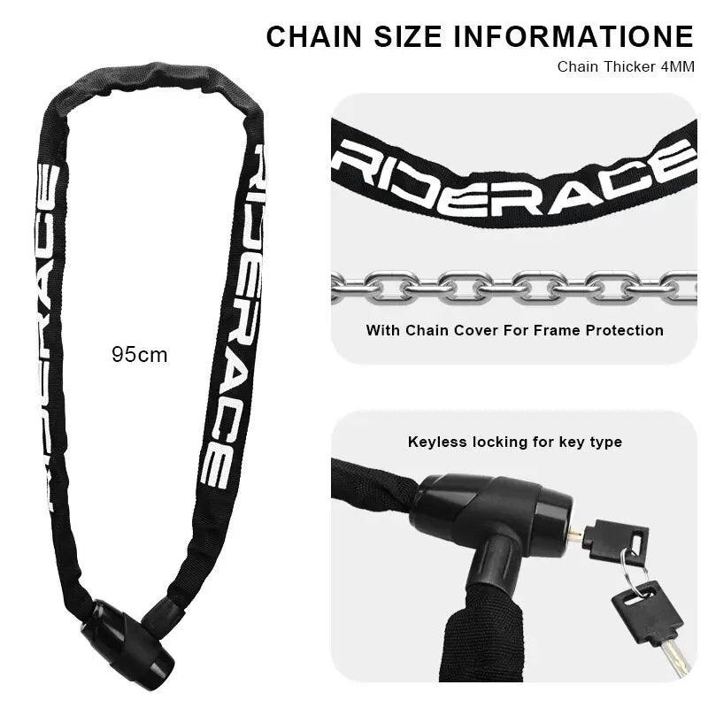 RIDERACE Bicycle Chain Lock – Anti-Theft | 95cm | Zinc Alloy | 2 Keys | Orange & Black