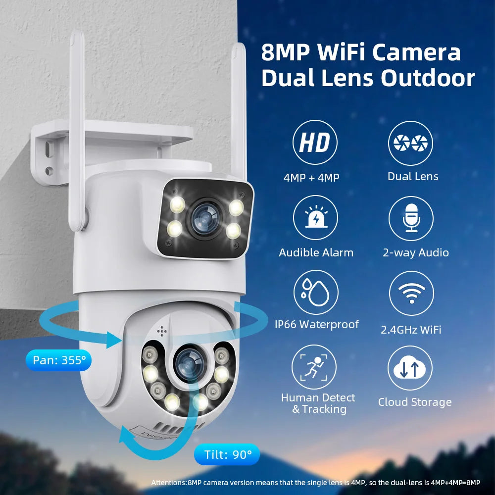Dual Lens WiFi PTZ Security Camera – 4MP & 8MP | AI Auto-Tracking | IP66 | Color Night Vision | Indoor & Outdoor