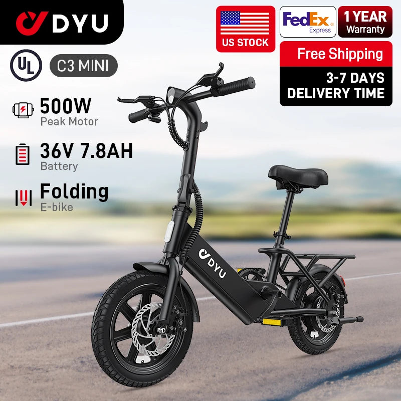 DYU C3 14-Inch Electric Bike – 500W Peak Motor, 36V 7.8Ah Battery