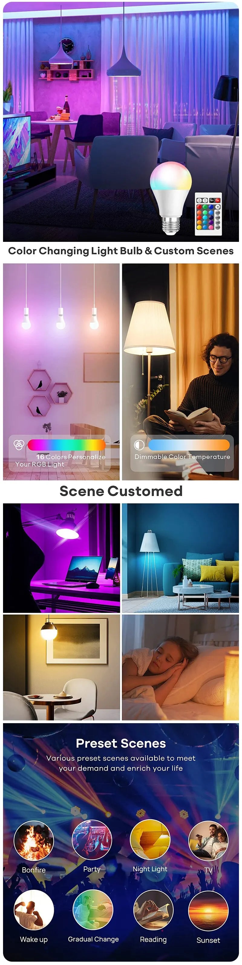 16-Color RGB LED Smart Bulb – E27, 8W Dimmable, 24-Key Remote Control | 1-10 Pack