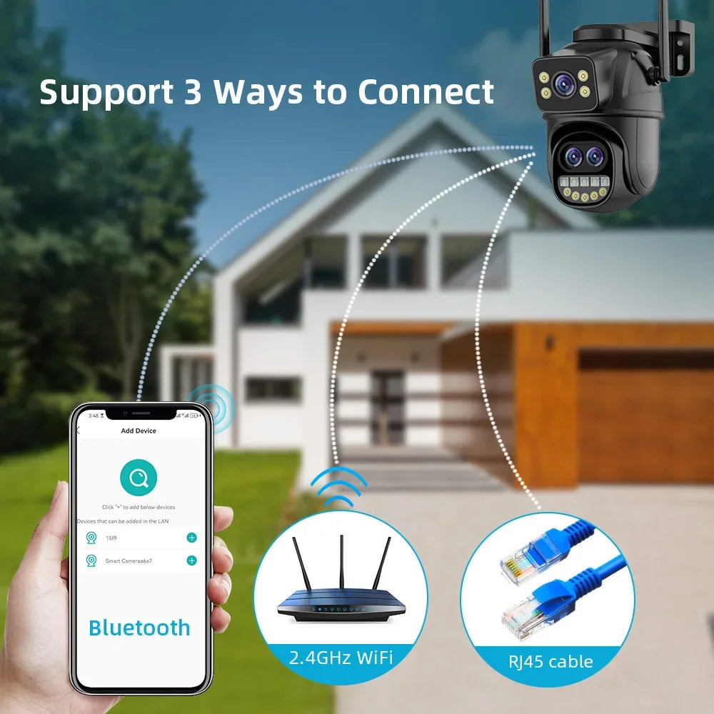 HONTUSEC 3-Lens PTZ WiFi Security Camera | 12MP | 8x Zoom | AI Auto-Tracking | Color Night Vision | IP66 | iCSee