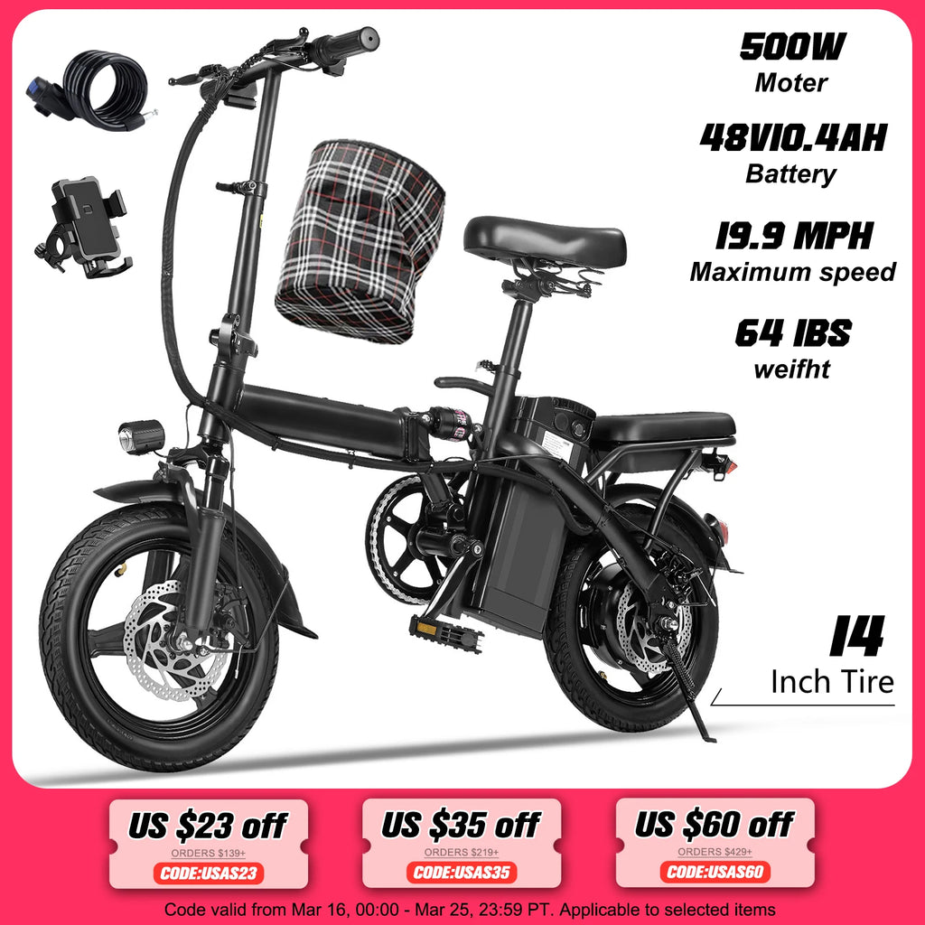 14-Inch Folding Electric Bike – 500W, Dual Disc Brakes