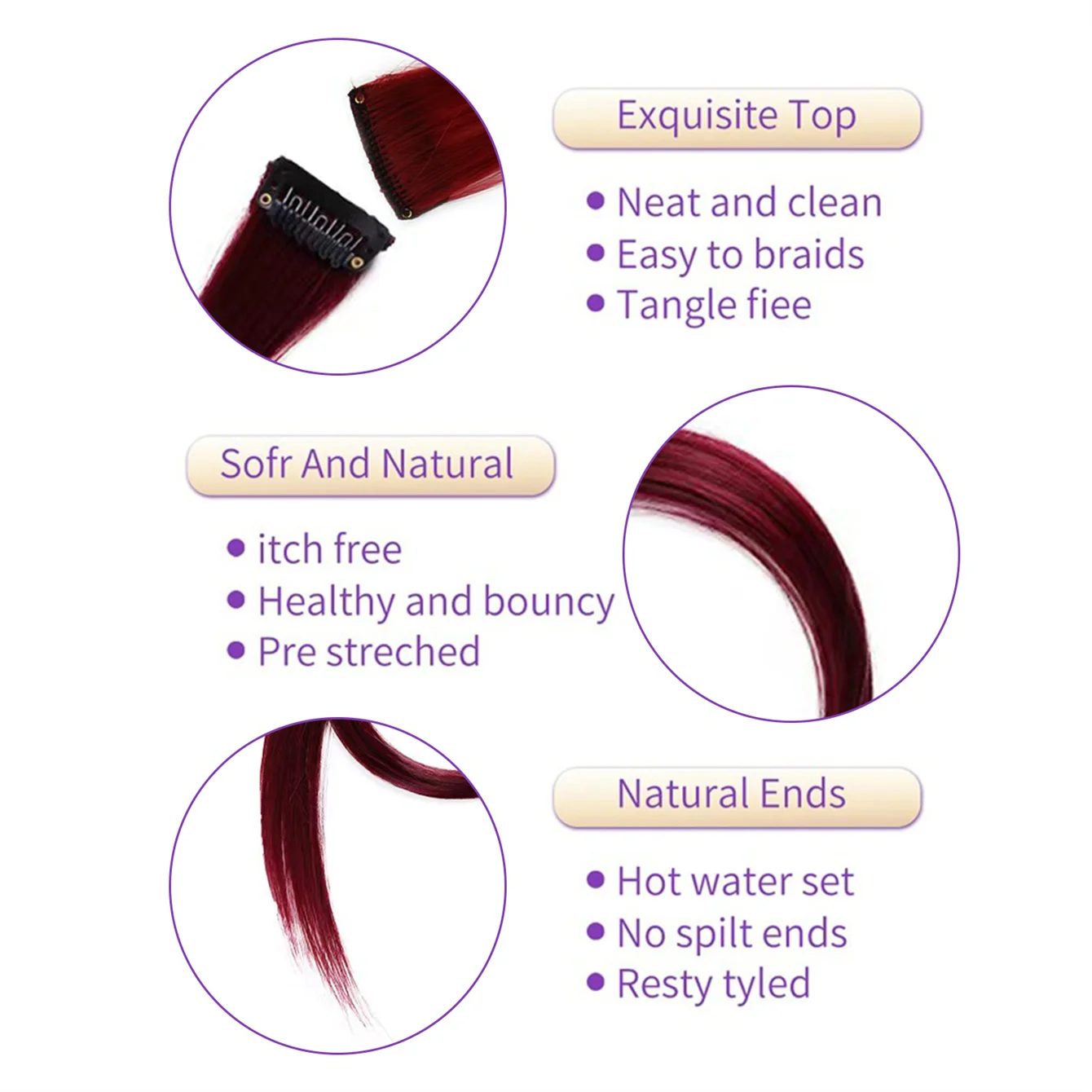 EZ&AS Synthetic Clip-In Hair Extensions | 5pcs/Set | 20 Inches Straight | Green, Red, Burgundy, Purple & White | Cosplay & Party
