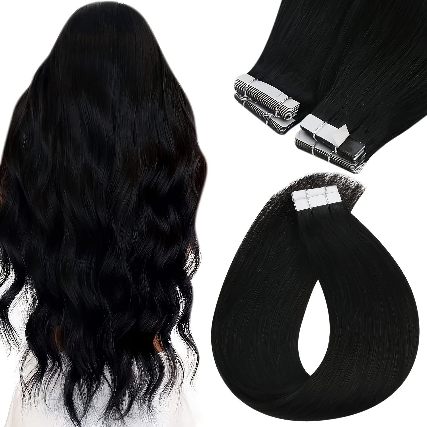 Genuine Human Hair Tape-In Extensions in Natural Black, Available in #1B, with 20pcs Ranging from 16 to 26 Inches