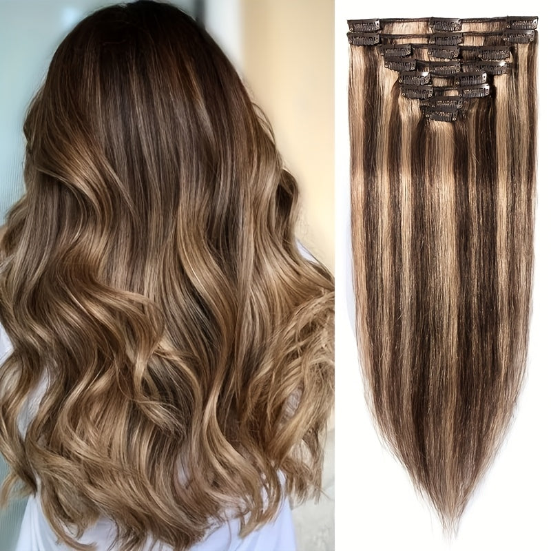 Clip In Hair Extensions Human Hair 8pcs/set Silky Straight Remy Human Hair Highlighted Color Blonde Full Head Hairpiece For Women