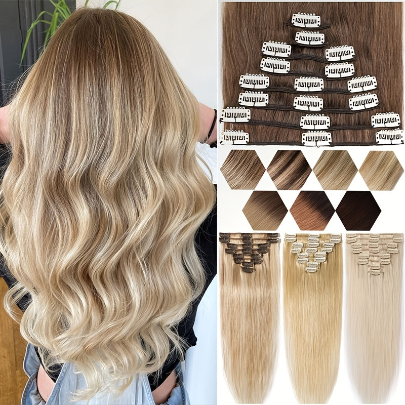Clip In Hair Extensions Human Hair 8pcs/set Silky Straight Remy Human Hair Highlighted Color Blonde Full Head Hairpiece For Women