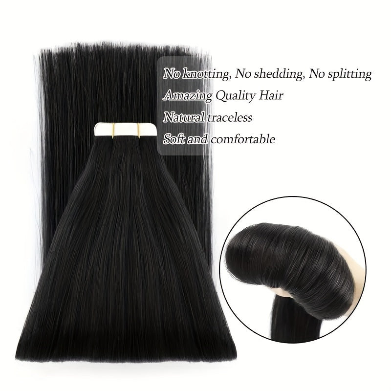 Genuine Human Hair Tape-In Extensions in Natural Black, Available in #1B, with 20pcs Ranging from 16 to 26 Inches