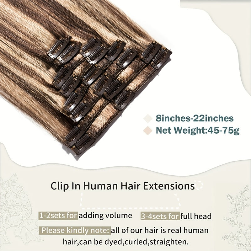 Clip In Hair Extensions Human Hair 8pcs/set Silky Straight Remy Human Hair Highlighted Color Blonde Full Head Hairpiece For Women
