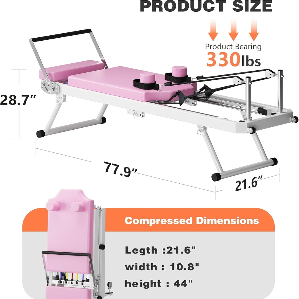 SogesPower Foldable Pilates Reformer Machine – 330 lb Capacity | 11-Level Resistance | Home Gym | Beige, Pink & Black