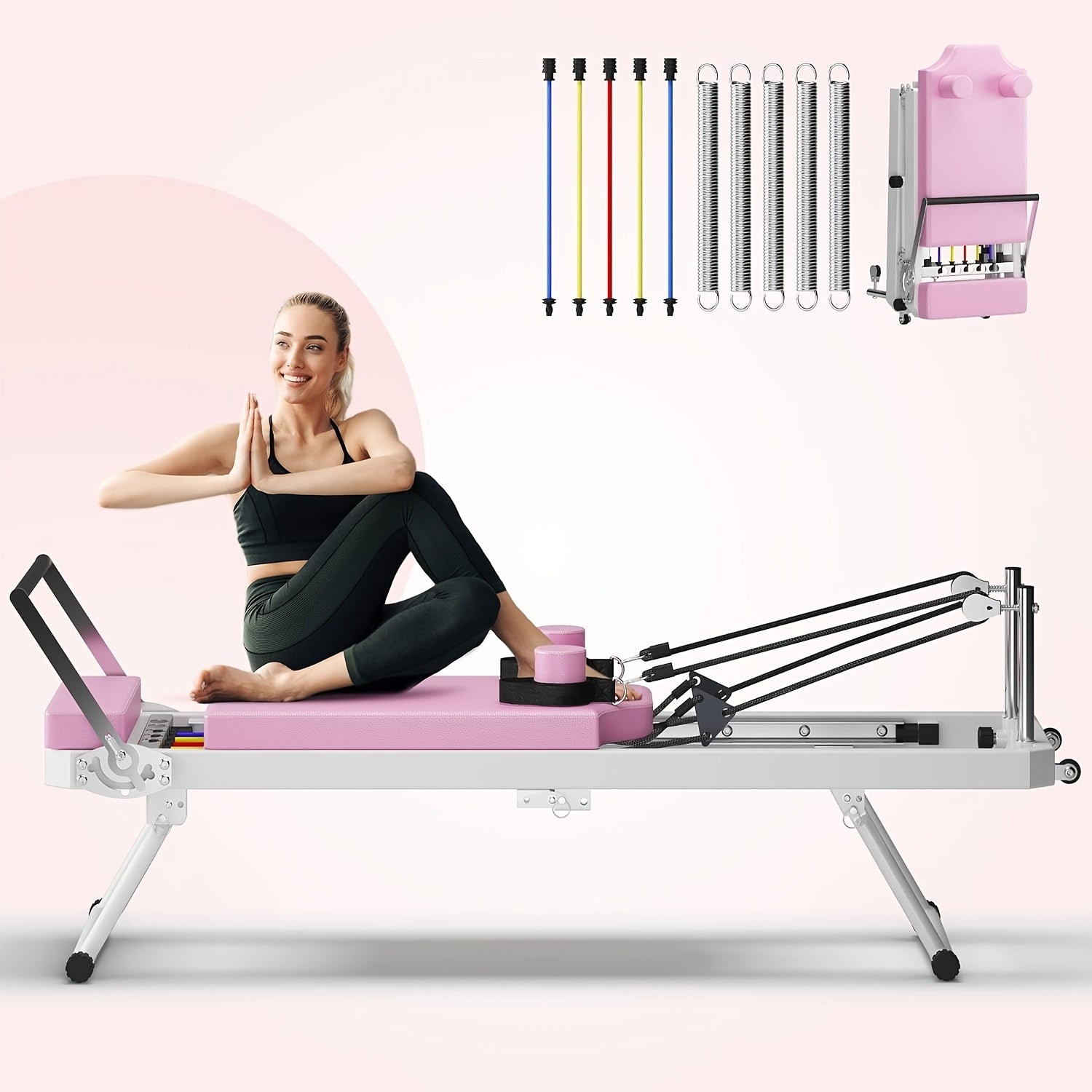 SogesPower Foldable Pilates Reformer Machine – 330 lb Capacity | 11-Level Resistance | Home Gym | Beige, Pink & Black