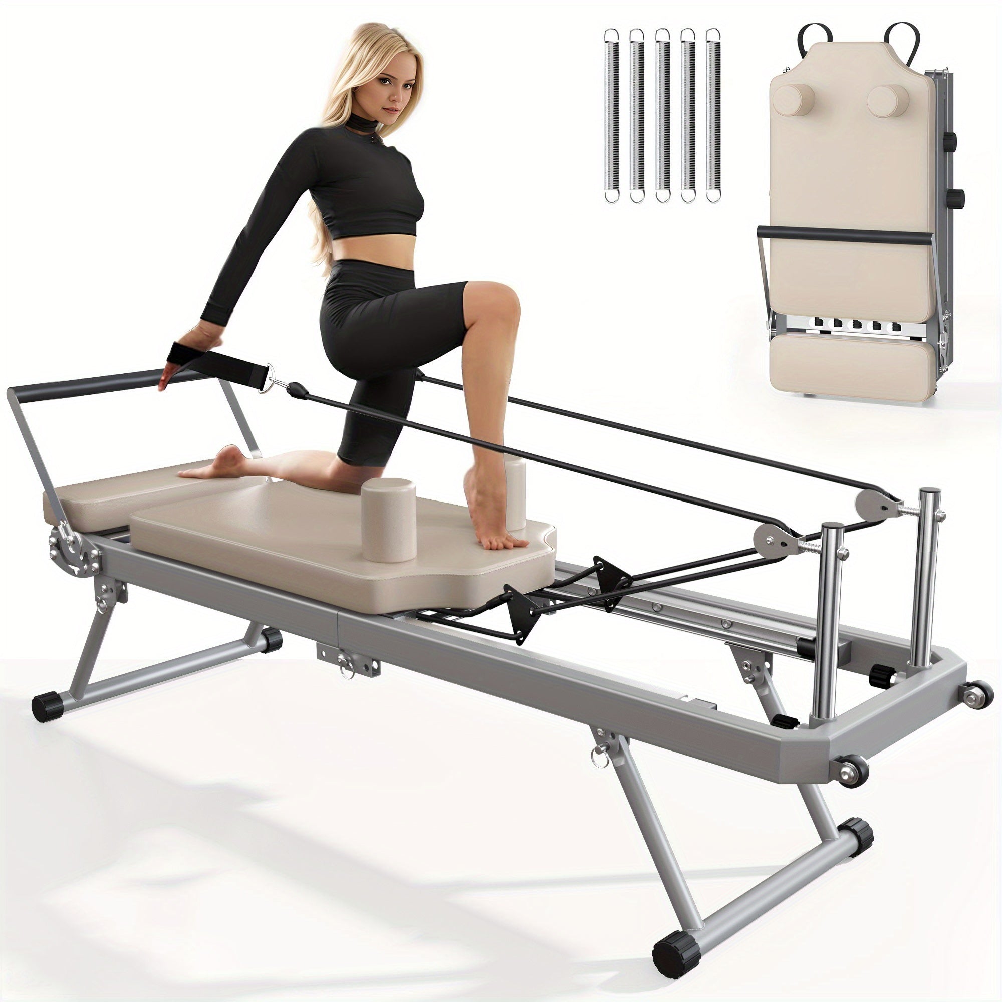 SogesPower Foldable Pilates Reformer Machine – 330 lb Capacity | 11-Level Resistance | Home Gym | Beige, Pink & Black