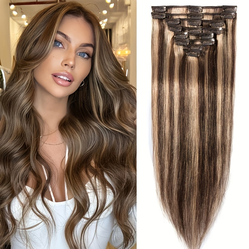 Clip In Hair Extensions Human Hair 8pcs/set Silky Straight Remy Human Hair Highlighted Color Blonde Full Head Hairpiece For Women