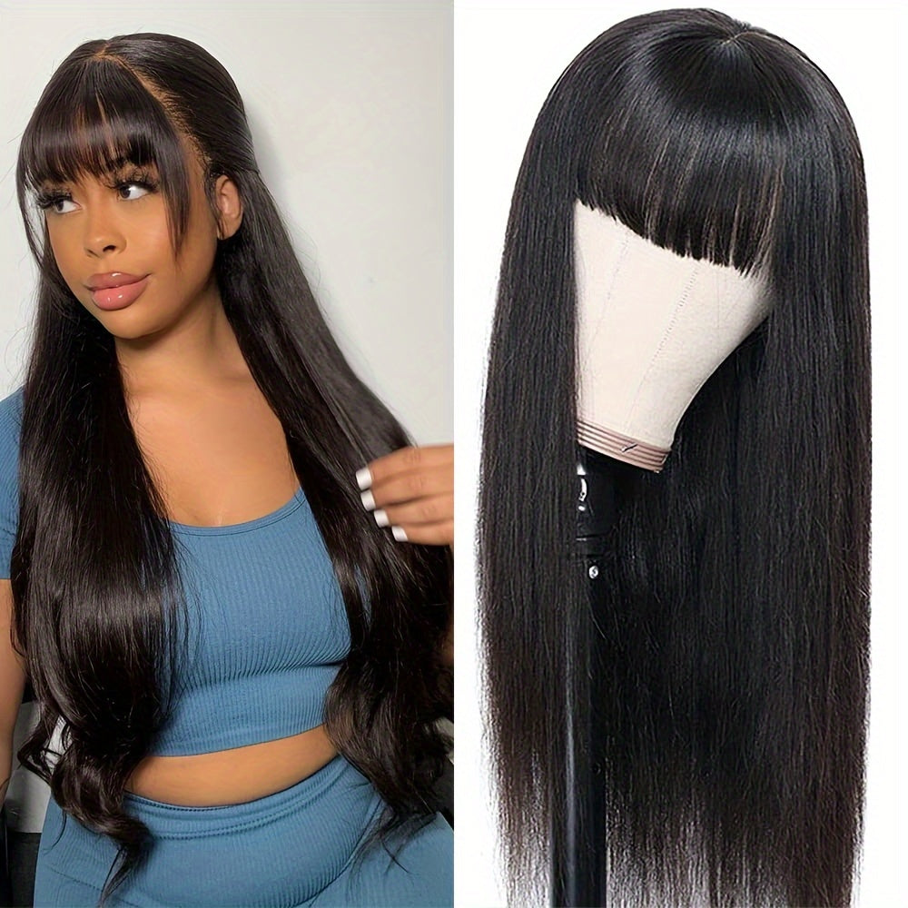 Straight Human Hair Wig with Bangs – 150% Density, Glueless Natural Black