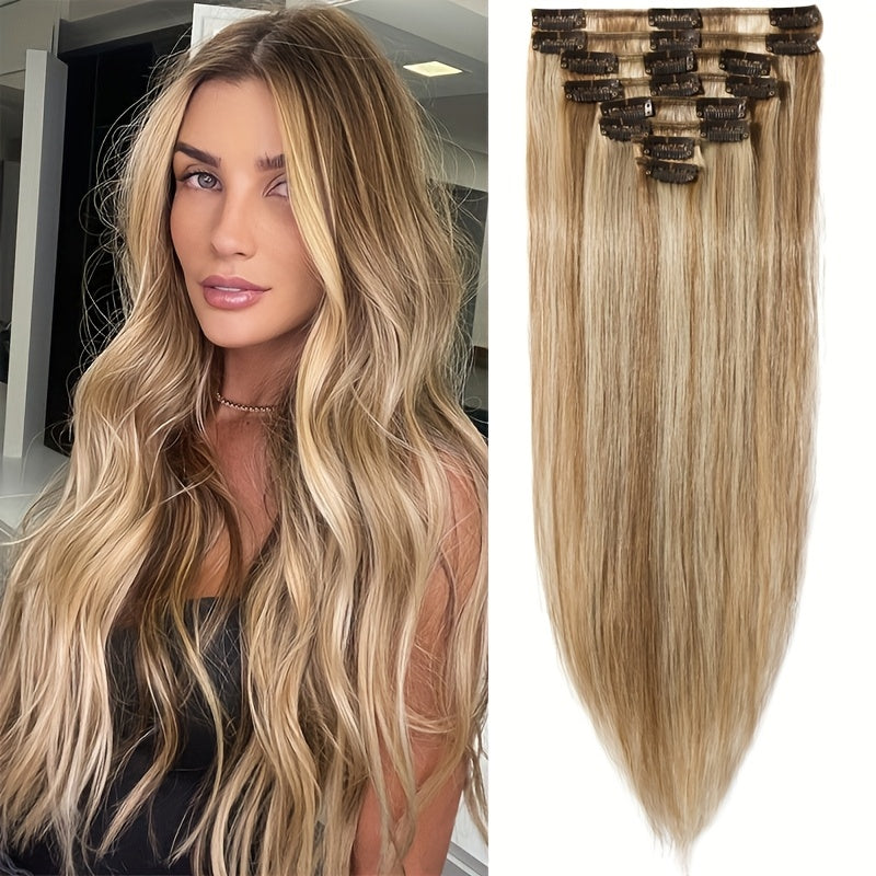 Clip In Hair Extensions Human Hair 8pcs/set Silky Straight Remy Human Hair Highlighted Color Blonde Full Head Hairpiece For Women
