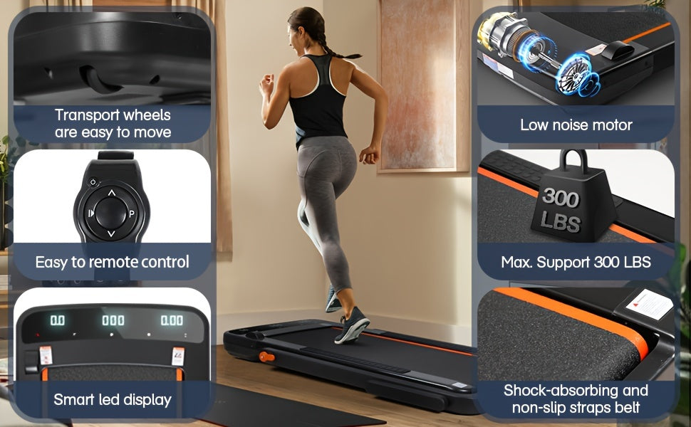 2-in-1 Foldable Under-Desk Treadmill – 300 lb Capacity | Walking Pad & Running Machine | Installation-Free | Black