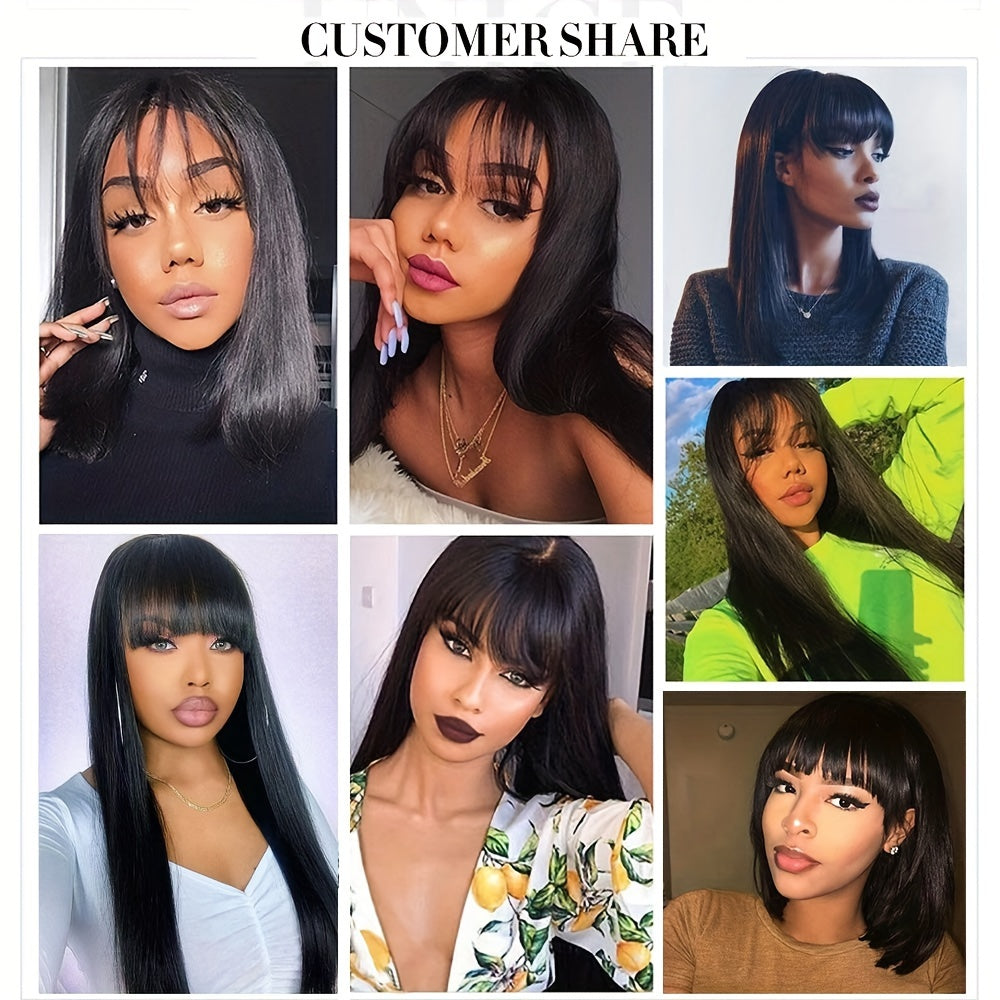 Straight Human Hair Wig with Bangs – 150% Density, Glueless Natural Black
