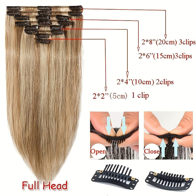 Clip In Hair Extensions Human Hair 8pcs/set Silky Straight Remy Human Hair Highlighted Color Blonde Full Head Hairpiece For Women